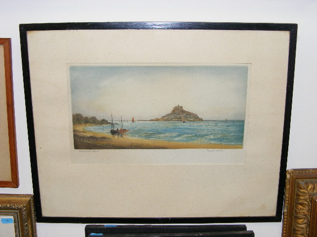 Francis Wells - Antique Hand Coloured Engraving, Signed Approx. 34cm X 16cm St. Michaels Mount,