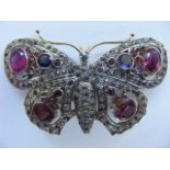 Diamond Encrusted Yellow Metal & Silver Butterfly Decorated With Rubies & Sapphires