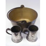 Victorian Brass Jam Pot & Two 19thC. Pewter Tankards