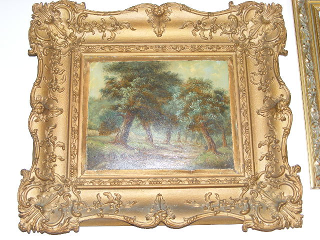 19thC. Woodland Landscape Oil On Panel In Decorative Gilt Frame, Approx. 30cm X 23cm