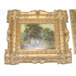 19thC. Woodland Landscape Oil On Panel In Decorative Gilt Frame, Approx. 30cm X 23cm