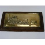 C.1910 Mounted Brass Plaque Depicting Early Locomotive & The Bulmers Stone, Darlington