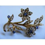 Victorian Gold Brooch With Cornflower Blue Sapphire & Seed Pearl Decor