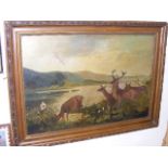 19thC. Oil On Canvas Of Deer On Moorland, Indistinctly Signed, Approx. 65cm X 45cm