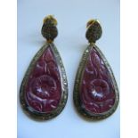 A Pair Of 18ct Gold & Silver Diamond & Carved Ruby Earrings 14.4g