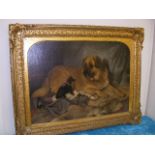 In The Manner Of Sir Edwin Landseer, Large 19thC. Oil On Canvas Featuring Newfoundland Dog & One