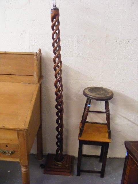 A 19thC. Elm Farmhouse Stool, Ethnic Carved Standard Lamp & An Oak Stool