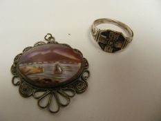 White Metal Mounted Shell Carving Of Mount Etna & A White Metal Celtic Ring