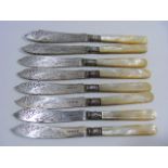 A Set Of Eight Silver Bladed Fish Knives With Mother Of Pearl Handles, The Blades Engraved With