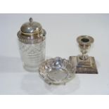 A Silver Topped Pickle Jar, A Small Silver Bon Bon & A Single Candlestick