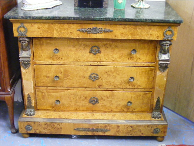 A French Style 1920'S Walnut Veneer With Marble Top Chest (Some Losses Of Veneer To Pillars)