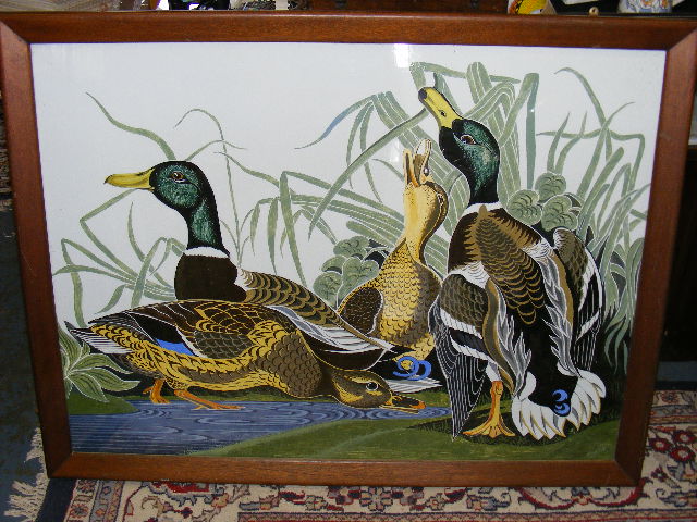 Large Decorative Reversed Glass Painting Of Duck Family Approx. 47inx35in