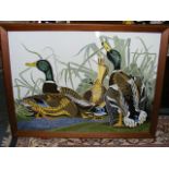 Large Decorative Reversed Glass Painting Of Duck Family Approx. 47inx35in