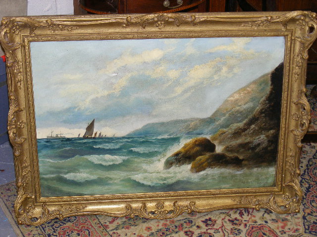 W Richards 1866 Oil Of Coastal Scene Relined Approx. 30inx20in