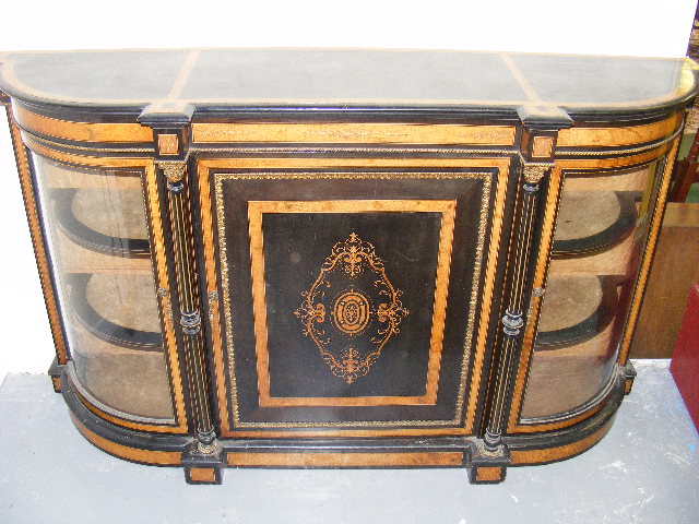 A 19thC. Ebonised Credenza With Walnut Inlay & Gilt Bronze Fittings