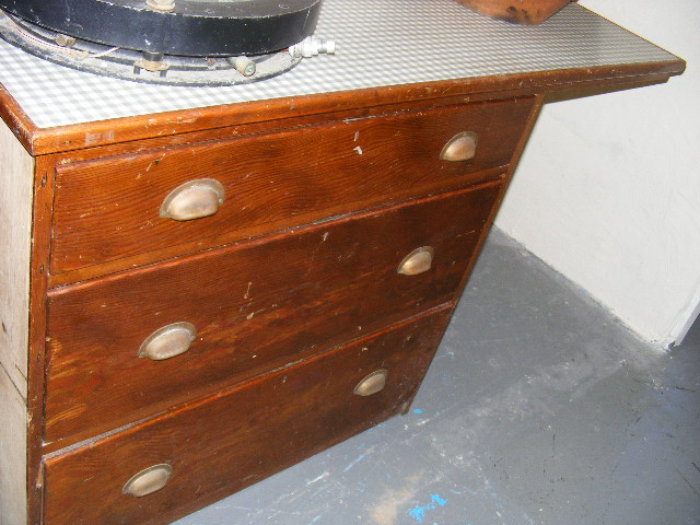 A Naval Ship Reception Counter With Three Pitch Pine Drawers (Thin Layer Of Formica Is Loose &