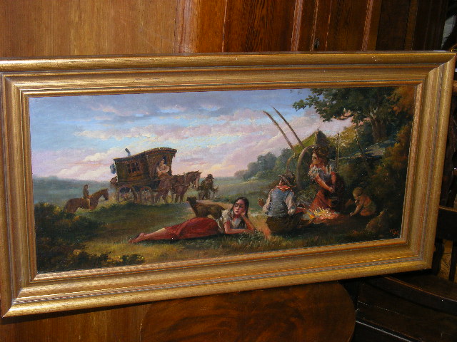 19thC. Oil On Canvas (Relined) Of Gypsy Camp Scene Approx. 30inx13in