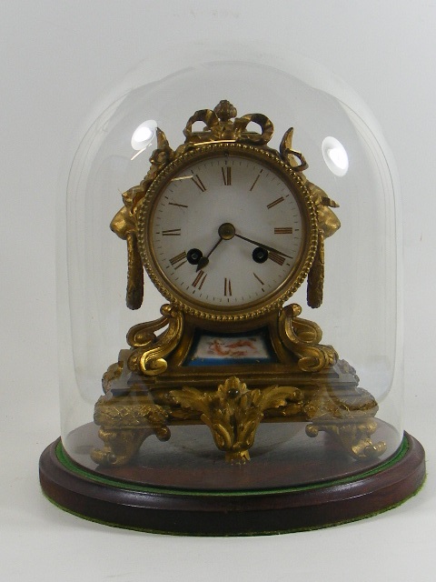 Japy Freres Ormolu Clock With Sevres Plaque Under Glass Dome