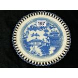 19thC. Blue & White Transferware Reticulated Plate, Indistinctly Marked