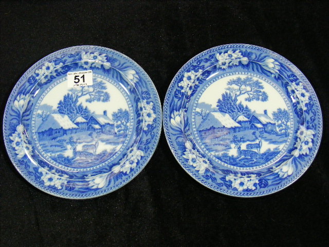Two 19thC. Wedgwood Blue & White Transferware Plates Fallow Deer
