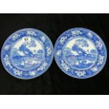 Two 19thC. Wedgwood Blue & White Transferware Plates Fallow Deer