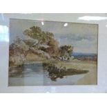 Late 19th/early 20th Century watercolour depicting a pond surrounded by trees with London in the