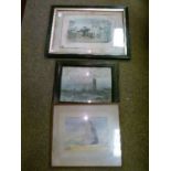 19th Century coaching print 'The Sleepy Gatekeeper' and two watercolours, framed and glazed