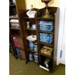 Matched pair of early 20th Century stained oak slender open bookcases, each fitted five shelves