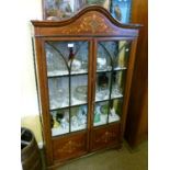 Early 20th Century stained beech and mahogany display cabinet having arched top with simulated