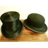 Vintage Harrods black mohair top hat together with a Lincoln Bennett & Co bowler hat