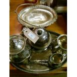 Silver plated three piece tea service, oval tray etc