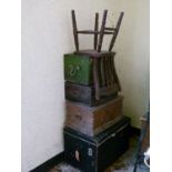 Three pine boxes having hinged covers together with a vintage trunk