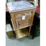 French burrwood side cabinet having an inset marble top, fitted one drawer with cupboard below and