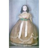 19th Century wax head doll, probably English, having blue glass eyes, curled hair and lace trimmed