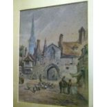 Late 19th/early 20th Century watercolour depicting Market Day at a town gate with church in the