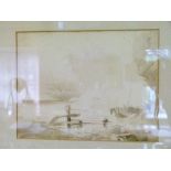 19th Century English School - en-grisaille watercolour - A Rocky Coastal View With Fishing Vessel,