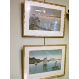 Two Japanese woodblock prints - Coastal scenes with fishing vessels, framed and glazed
