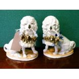 Pair of late 19th/early 20th Century Continental porcelain figures of seated Poodles, each holding a