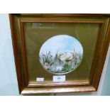 20th Century circular oil on board - A Chick And Butterfly, framed and glazed