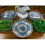 Quantity of Victorian green leaf design majolica plates, a 19th Century blue and white transfer