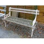 Early 20th Century slatted garden bench having wrought iron ends