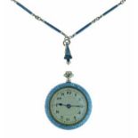 Lady's silver enamel fob watch and chain, circular dial with black Arabic numerals, the three