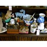 Quantity of decorative ceramics, ornaments, ostrich egg, glove puppets etc