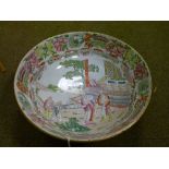 19th Century English transfer printed bowl decorated with courtly figures and having overpainted