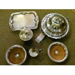 Pair of silver plated wine coasters together with a small quantity of silver plated items