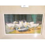 T.Hendoll - Woodblock print - Study of ducks drinking from a bowl, signed in pencil, framed and