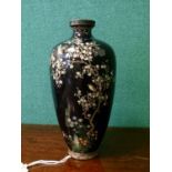 Cloisonné slender ovoid vase, finely decorated with birds amongst foliage on a deep blue ground