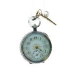 Lady's early 20th Century engraved silver cased fob watch having white enamel dial, subsidiary