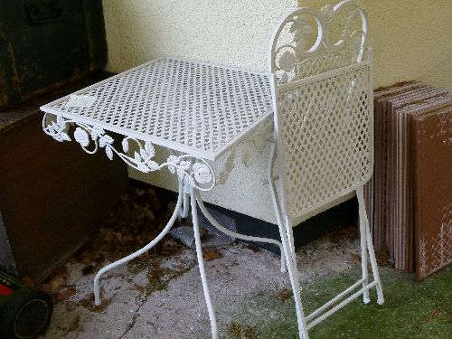 Modern metal white painted square patio table and one folding chair