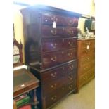 George III mahogany chest on chest having dentil cornice, the upper section fitted two short over